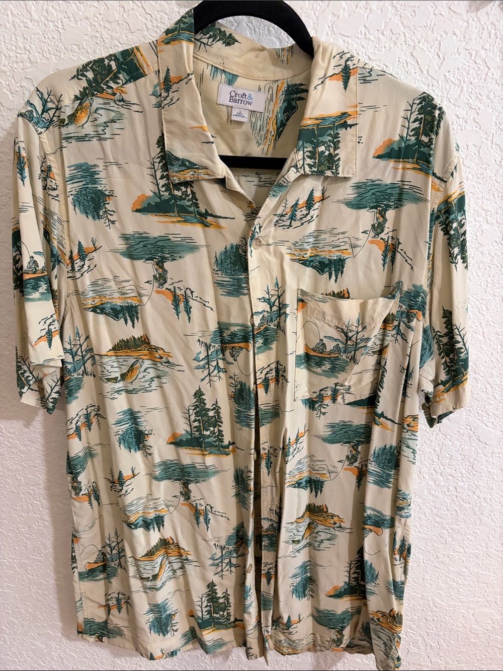 croft & barrow Beige Scenic Print Short-Sleeve Button-Down Shirt
